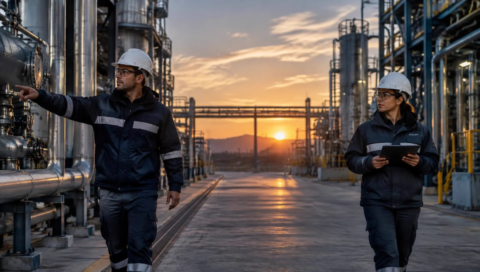 Equipo técnico recorriendo una planta industrial